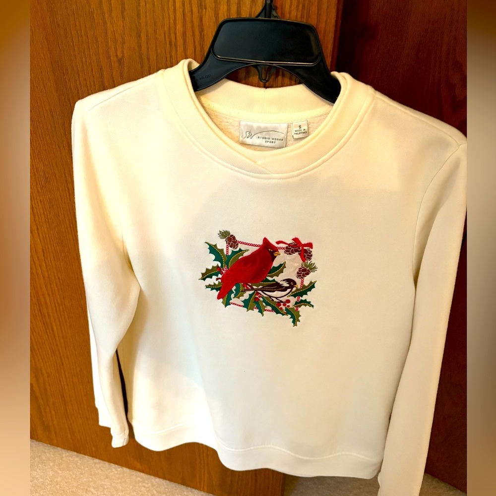 Studio Works Cream Sweatshirt with Velvet/Velour Cardinal Motif